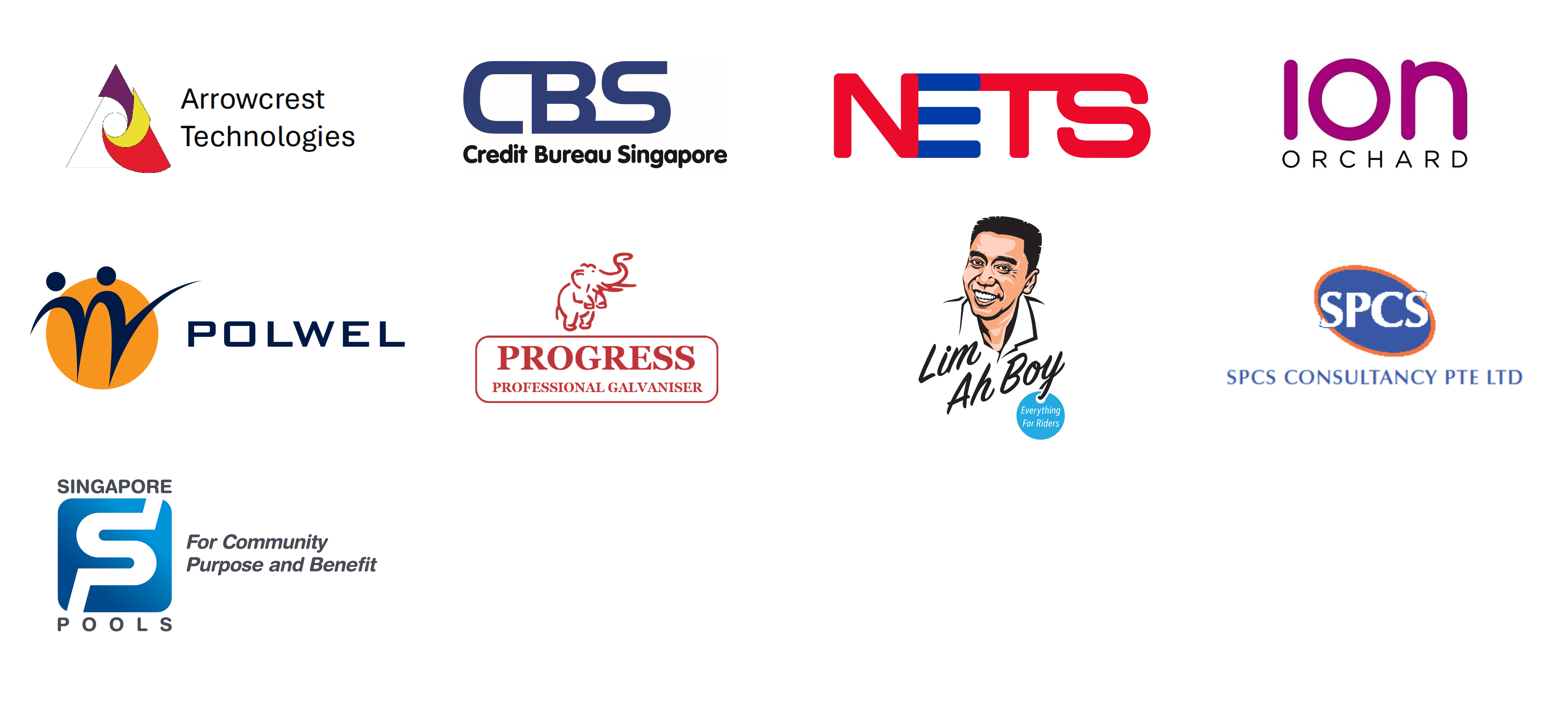 NCPC silver donors, Arrowcrest Technologies, Credit Bureau Singapore (CBS), NETS, ION Orchard, POLWEL, Progress Professional Galvaniser, Lim Ah Boy, SPCS Consultancy, and Singapore Pools logos